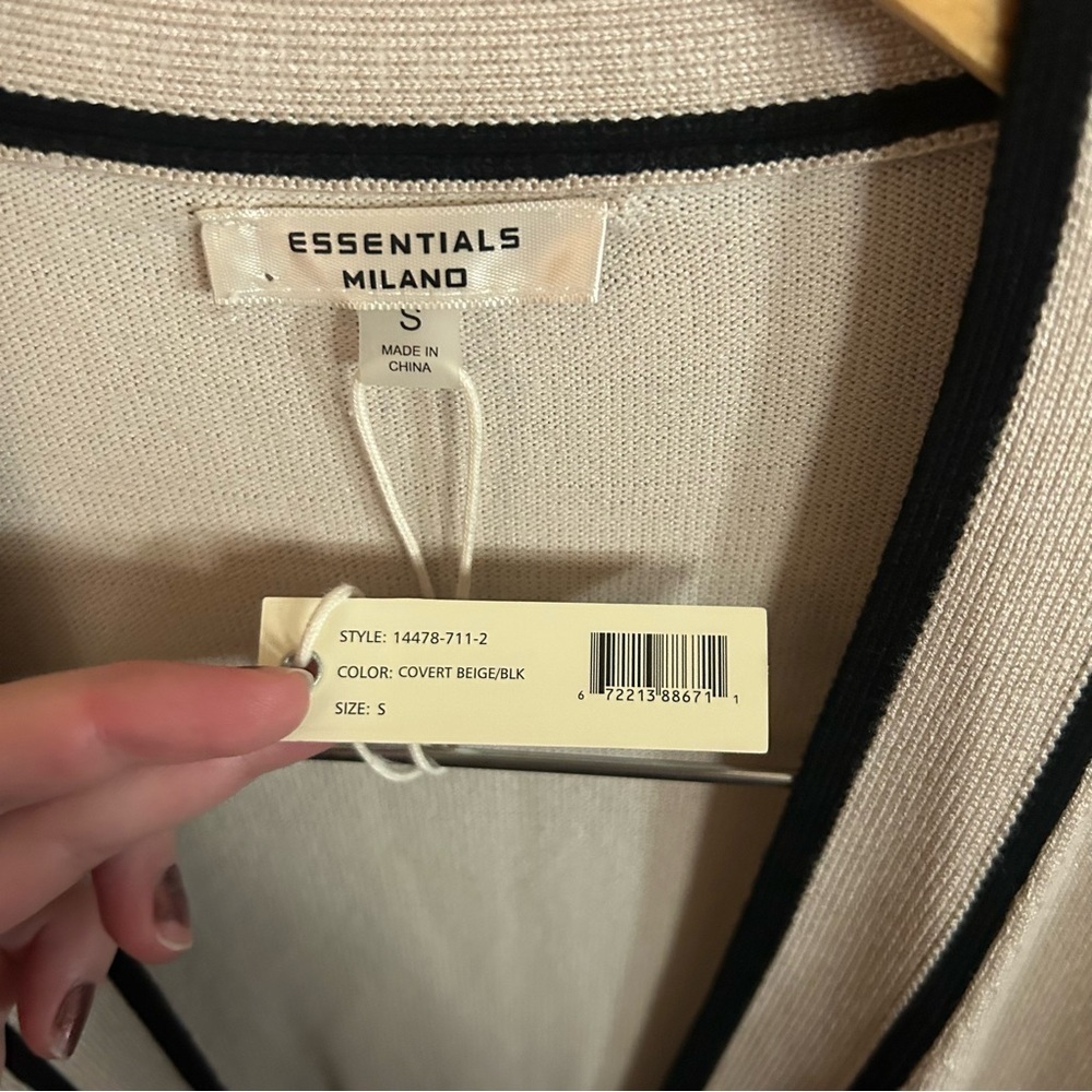 NWT Essentials Milano Long Cardigan Open Front Beige & Black Size Small - Picture 2 of 5